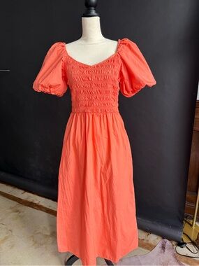 H&M Coral Puff-Sleeve Smocked Midi Dress